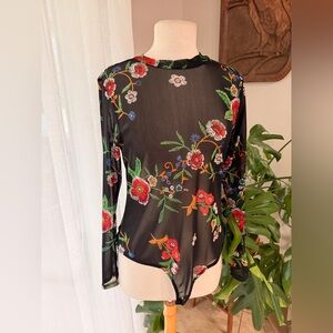 Forever 21 Sheer Mesh Floral Bodysuit Long Sleeve Black Size XL